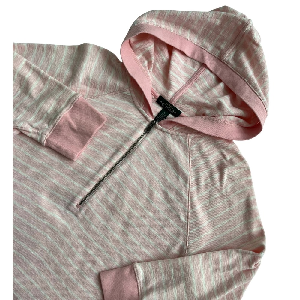 LRL Ralph Lauren Jeans Co Pink White Stripe Half Zip Hoodie Sweatshirt Women's L